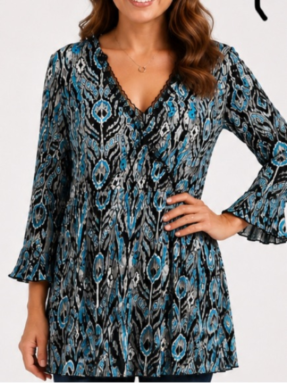 Alberto Makali Black White and Blue Crinkled Long Sleeve Tunic